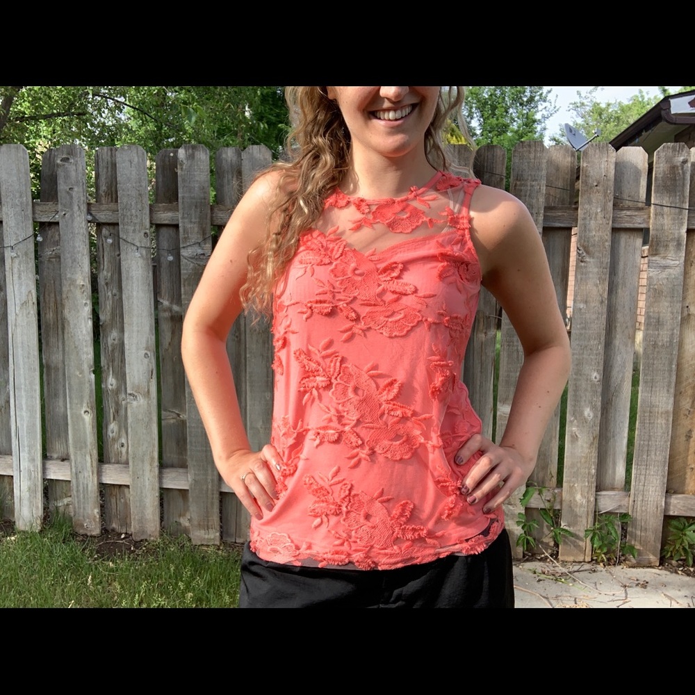 Peach Tank Top with Lace Overlay
